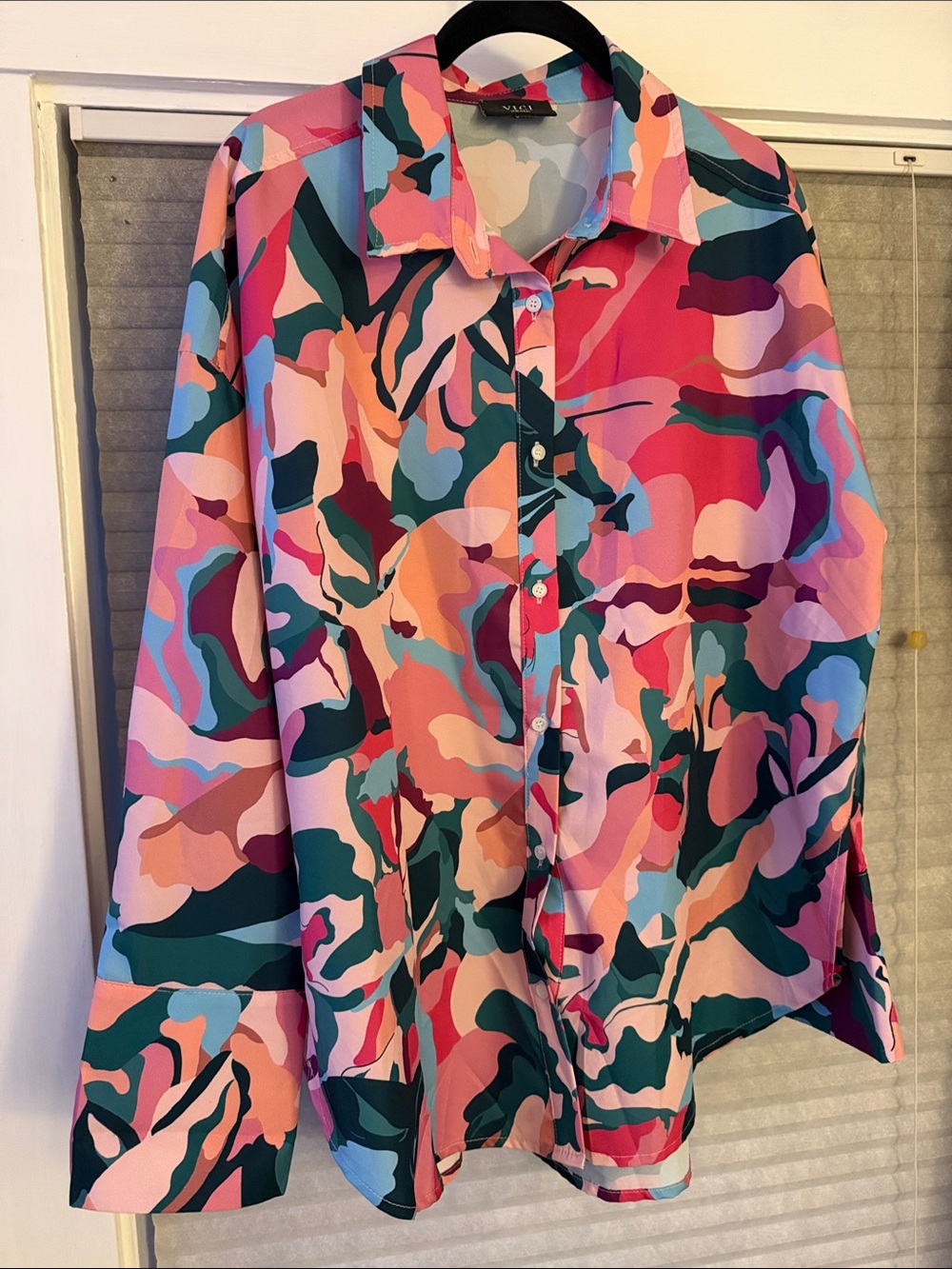 Vici Multicolor Abstract Button-Up Blouse - Pink, Coral, Teal